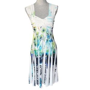 Vintage Pretty Woman Sleeveless Dress Fit Flare Peacock Print 90s Y2K